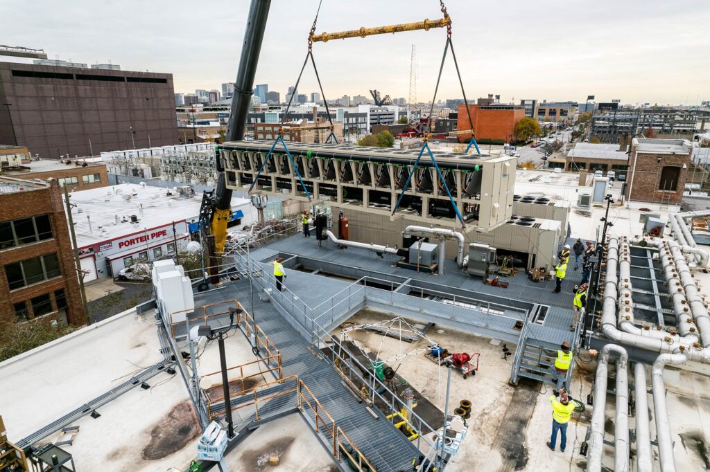 TierPoint, a data storage center, needed to increase capacity to cool down their servers in order to expand and meet a higher demand. The project required the installation of a 500-ton fluid cooler, the largest HVAC of its kind to be installed in North America. Our team served as general contractor, carefully coordinating every step that led to lifting this massive cooler to the roof with a 200-ton crane. We also self-performed the fluid cooler installation, as well as the fabrication and installation of piping.